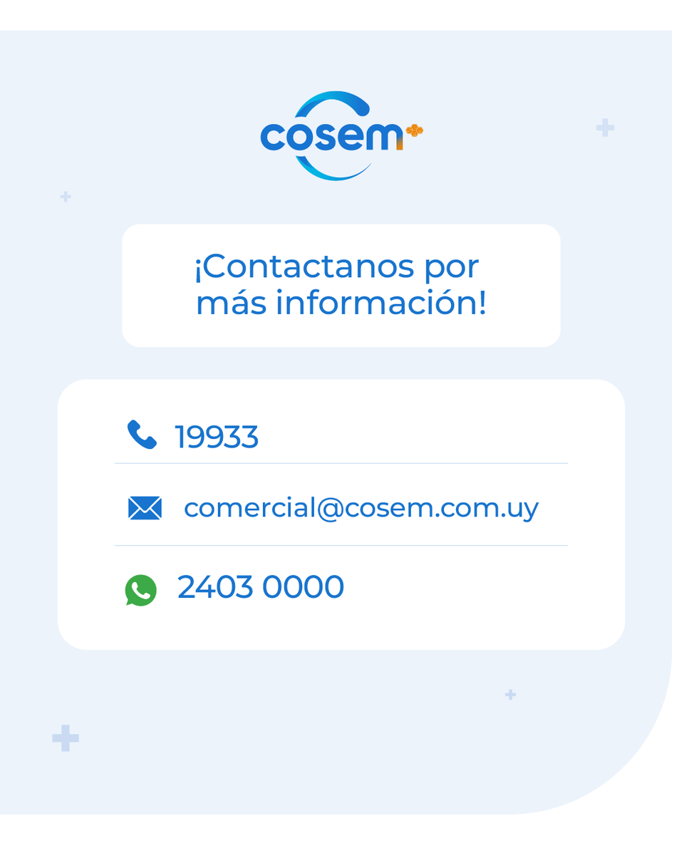 Con la alianza COSEM + SECOM accedés al servicio de compañía líder del país con beneficios especiales:
✅ Hasta 12 meses al 50% de descuento
✅ Cobertura en sanatorio, en domicilio y en recuperación sin internación previa.

📞19933 | 📲 2403 0000 | 📩 comercial@cosem.com.uy