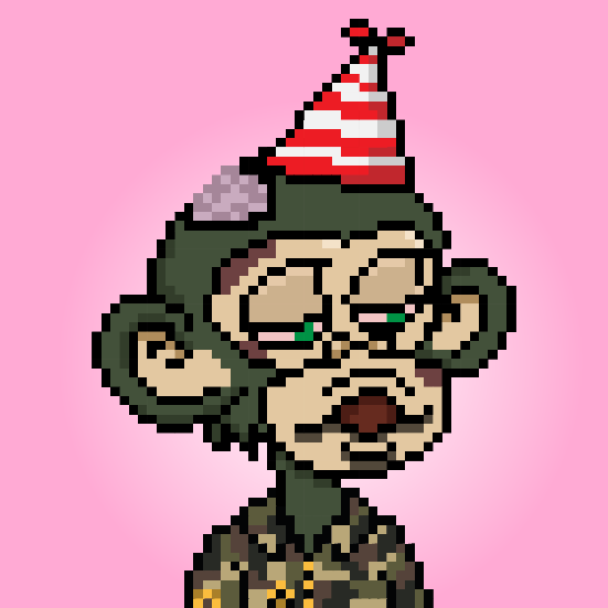 MrPixels_eth's tweet image. Zombie Ape with Bday hat and camo top 👌 😎