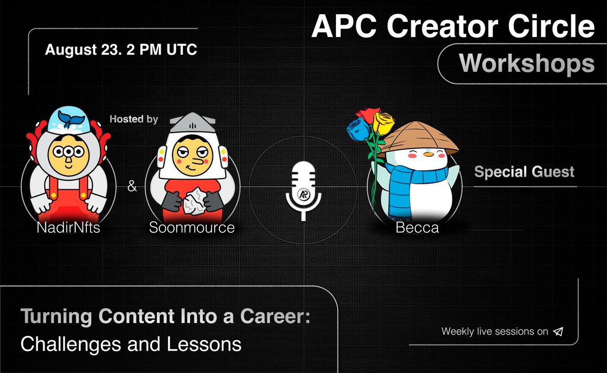 📢 Creator Circle Workshop #1

We’re kicking off our first workshop with <a href="/becca_nfts/">Becca</a> , who will share her journey on Turning Content Into a Career: Challenges &amp; Lessons.

📅 Saturday, 2 PM UTC

📍 Telegram Voice Call

For creators, by creators 👇