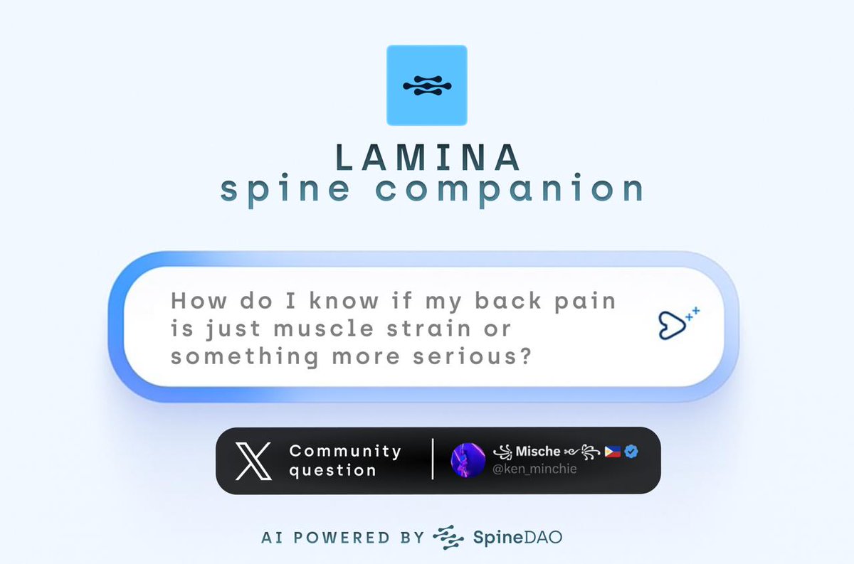 ken_minchie's tweet image. 📢 I questioned, they featured! @Spine_DAO is here!
🤖 Get your spine disorder questions answered with the help of their AI companion, #Lamina.
❓ Drop your questions below and #SpineDAO will provide answers! Let's discuss spine health!