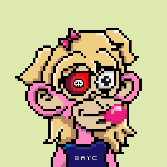 MrPixels_eth's tweet image. Cute girl Ape with pirate patch , bubble gum and bayc top