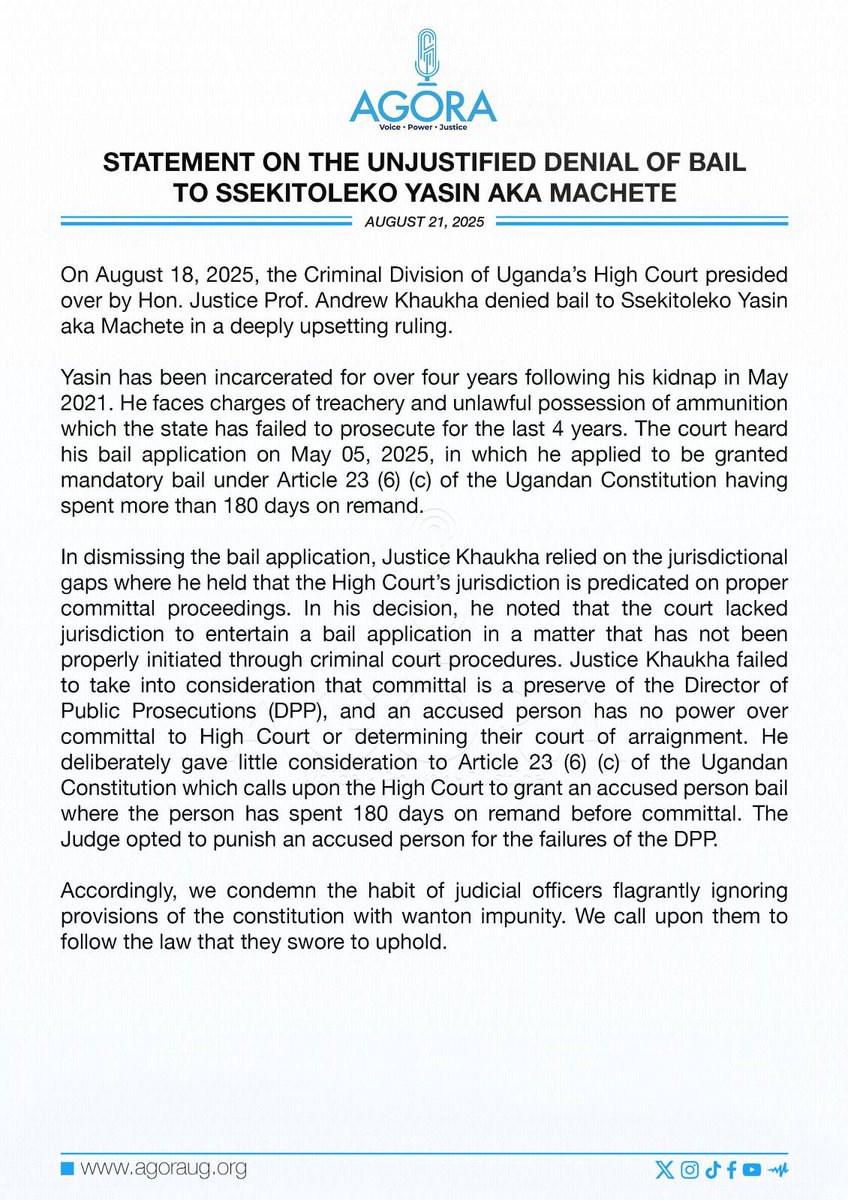Our statement on yesterday's bail application ruling of Ssekitoleko Yasin aka Machete.