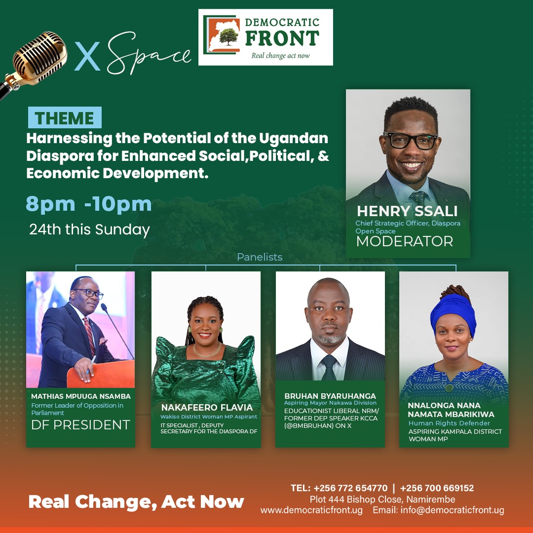 Namuguzi (@namuguzintale) on Twitter photo The Ugandan diaspora is a global force for good! Let's harness their energy, expertise and networks to drive positive change.
The Modulator: <a href="/HenrySsali/">Henry SSALI®</a>
Our panelists <a href="/MathiasMpuuga/">Mathias Mpuuga</a> <a href="/BMBruhan/">Bruhan Byaruhanga M</a> <a href="/mwafrika_nana/">Nalongo Nana Mwafrika .</a> <a href="/FlashNakFashion/">Nakafeero Flavia</a>
Please find time and join the discussion The Ugandan diaspora is a global force for good! Let's harness their energy, expertise and networks to drive positive change.
The Modulator: <a href="/HenrySsali/">Henry SSALI®</a>
Our panelists <a href="/MathiasMpuuga/">Mathias Mpuuga</a> <a href="/BMBruhan/">Bruhan Byaruhanga M</a> <a href="/mwafrika_nana/">Nalongo Nana Mwafrika .</a> <a href="/FlashNakFashion/">Nakafeero Flavia</a>
Please find time and join the discussion