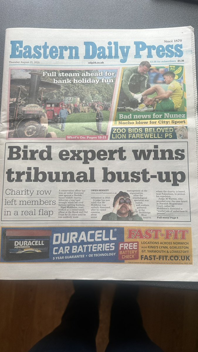 Twiggy Bigwood (@devilscustard) on Twitter photo The ‘woeful tale of unfairness in process’ from <a href="/Hawkandowluk/">Hawk and Owl Trust</a> towards <a href="/NigelMiddleto12/">Nigel Middleton</a> is on the front page and page 6 of the <a href="/EDP24/">Eastern Daily Press</a> today! The ‘woeful tale of unfairness in process’ from <a href="/Hawkandowluk/">Hawk and Owl Trust</a> towards <a href="/NigelMiddleto12/">Nigel Middleton</a> is on the front page and page 6 of the <a href="/EDP24/">Eastern Daily Press</a> today!