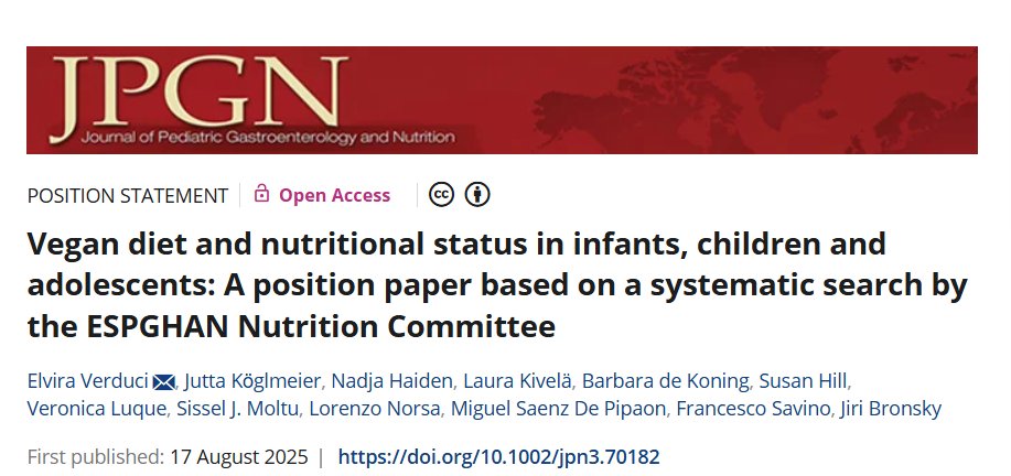 "We recommend that dietary intake, growth &amp; nutritional status should be regularly monitored in vegan children. Focusing on dietary intakes (protein, omega-3, calcium, iron) &amp; ensuring supplementation with specific micronutrients, incl vit B12, is essential during paediatric age"
