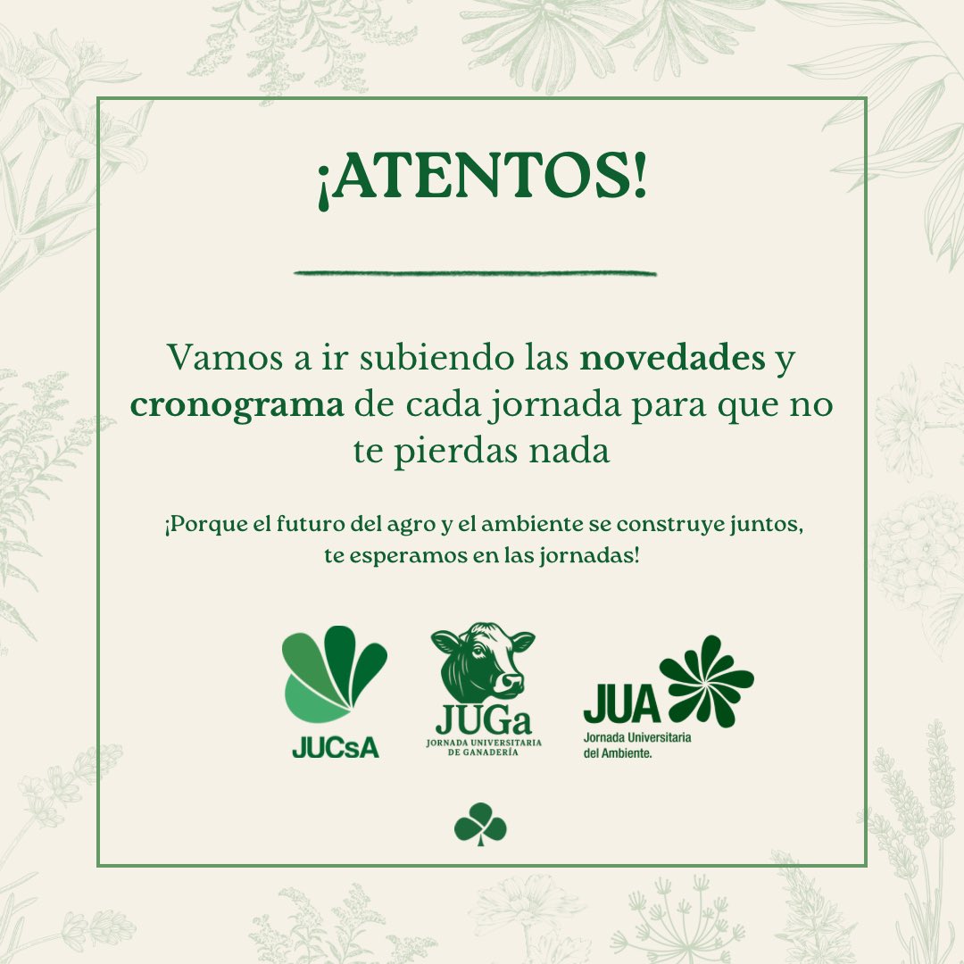 🌱 ¿Listos para las JUCsA, JUA &amp; JUGa? 🌱

Te contamos todo lo que tenés que saber sobre las Jornadas Universitarias de Ciencias Agrarias, de Ambiente y por primera vez un día dedicado a charlas de Ganadería.

Equipo LAI🍀
