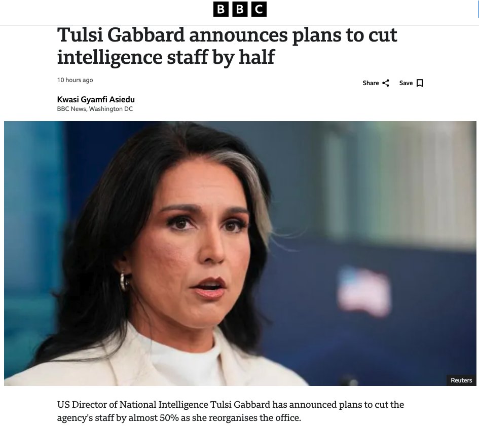 rgoodlaw's tweet image. "Among other changes announced by Gabbard, the restructuring eliminates the Foreign Malign Influence Center, which monitors foreign efforts to influence the US public."

Also eliminates Cyber Threat Intelligence Integration Center.

1/2