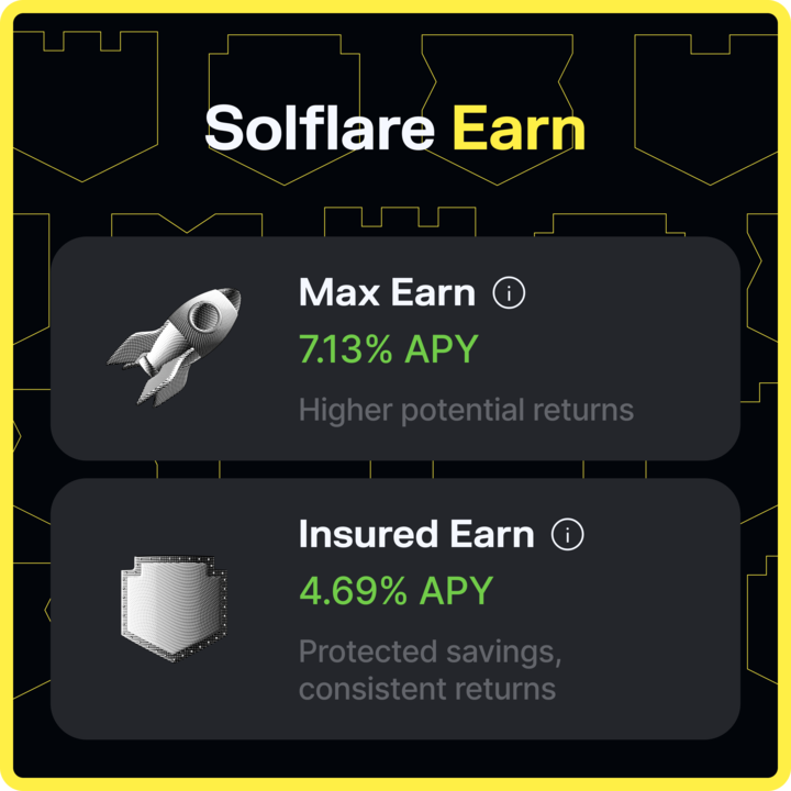 Solflare Earn interface showing Max Earn at 7.13% APY and Insured Earn at 4.69% APY