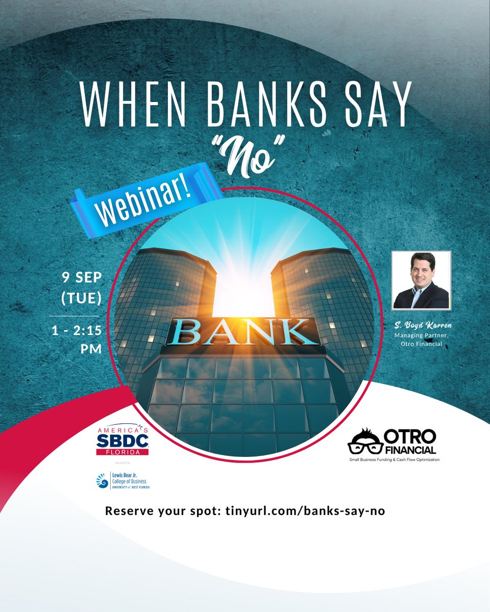 FloridaSBDC_UWF's tweet photo. Hit a wall with traditional funding? 🚧
Discover alternative funding options with S. Boyd Karren of @OtroFinancial this September. Learn how to get the capital you need to keep your plans on track. Sign up today: https://t.co/g6zPKYBuyP

#Funding #BusinessTips #AlternativeFunding https://t.co/LqTMbka7TD