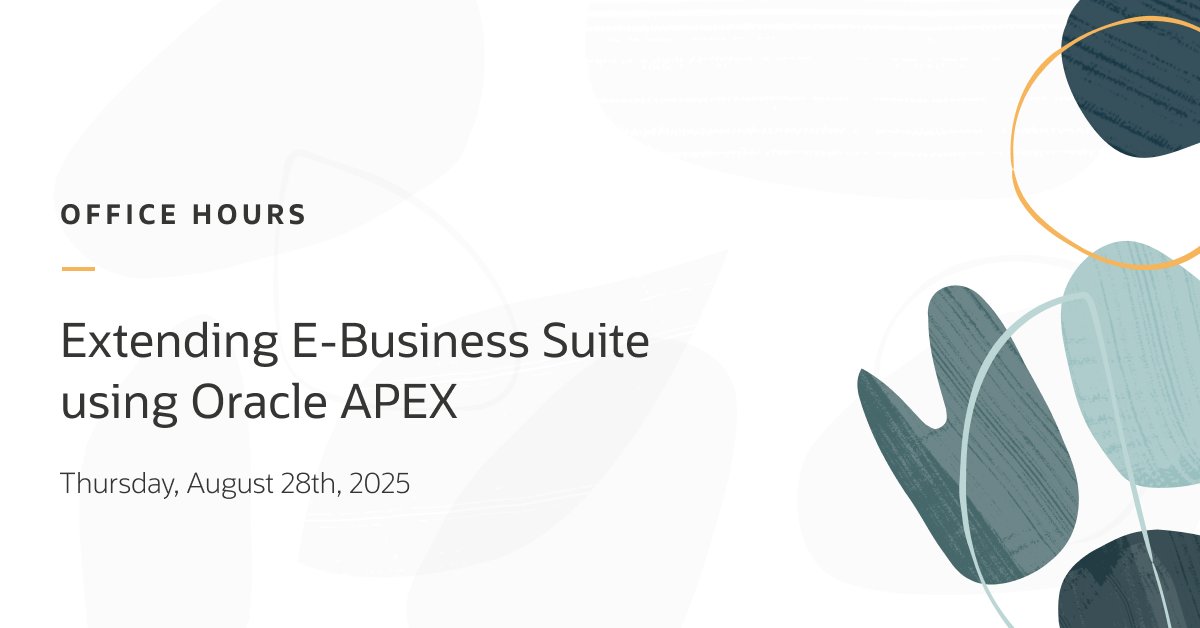 Oracle APEX (@oracleapex) on Twitter photo 📌 Please join us on August 28 for the next Oracle APEX Office Hours session: Extending E-Business Suite using Oracle APEX!
apex.oracle.com/officehours 
#orclAPEX #LowCode 📌 Please join us on August 28 for the next Oracle APEX Office Hours session: Extending E-Business Suite using Oracle APEX!
apex.oracle.com/officehours 
#orclAPEX #LowCode