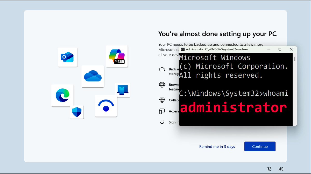 An alternative to Shift+F10 to open an administrative command prompt during the Windows initial setup and Out-of-Box-Experience (OOBE) -- video showcase of <a href="/_bka_/">Bk</a> 's newfound trick to revive a simple method for backdoors and unintended access: youtu.be/idogu3Y6ia8