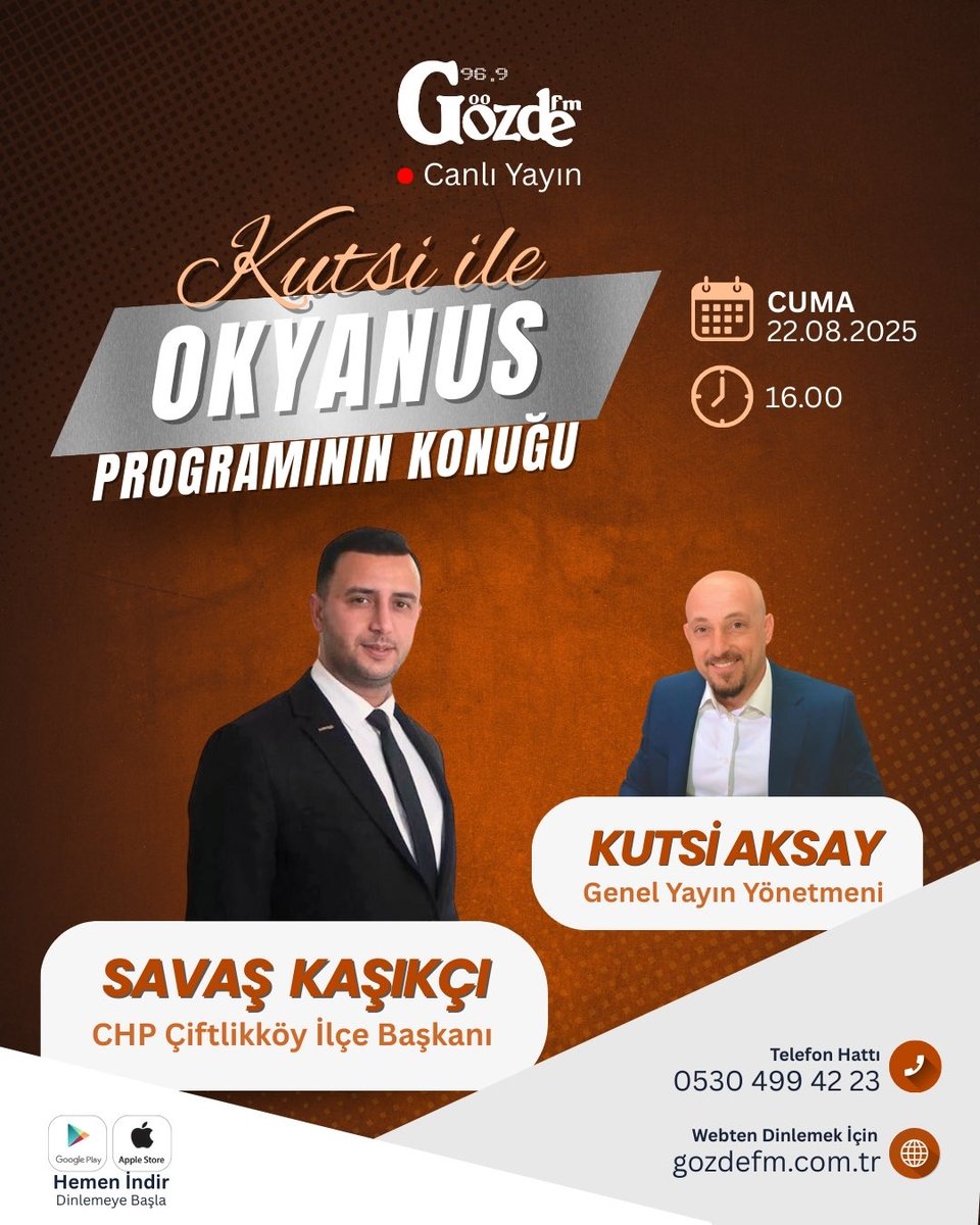 Yarın Cuma günü Yalova Gözde FM de Kutsi İle Okyanus Program Konuğu Savaş Kaşıkçı olacak. Çiflikköyün ve son gelişmelerin konuşulacağı Programı Kaçırmayın. 96.9 Frekansından gozdefm.com.tr den ve Telefon Aplikasyonlarımızdan dinleye bilirsin.