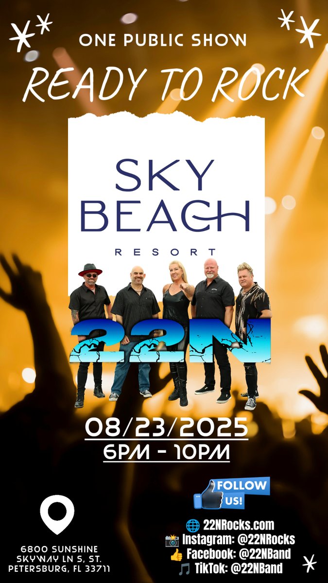 22NRocks's tweet photo. ⚡️🎶 READY TO ROCK THE WEEKEND?! 🎶⚡️
22N is bringing the ultimate party vibes to the stage this weekend at our ONE public show—don’t miss it! 🎤🔥

📍 Sky Beach Resort
📅 08/23/2025 6PM - 10PM

Grab your crew, hit the dance floor, and let’s make it a night to remember! 💃🕺 https://t.co/CTSaBBJP1w