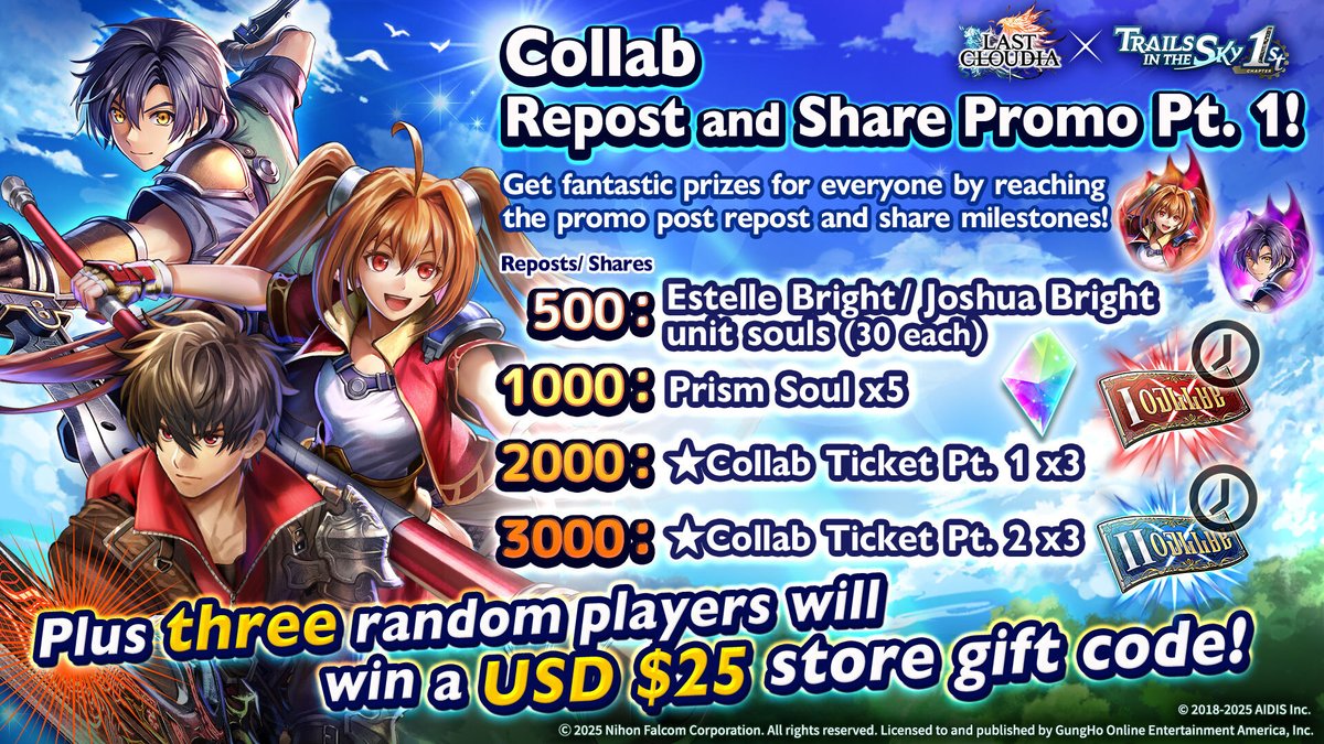 lastcloudiaen's tweet image. ✨Collab Repost and Share Promo Pt. 1!✨

Follow and repost or share this post. Hit the milestones and score rewards for everyone! You could be one of three lucky players to win a USD $25 store gift code!😁✨

Period: Aug 25, 7:59 am (PT)

#LastCloudia x #TrailsintheSky1st