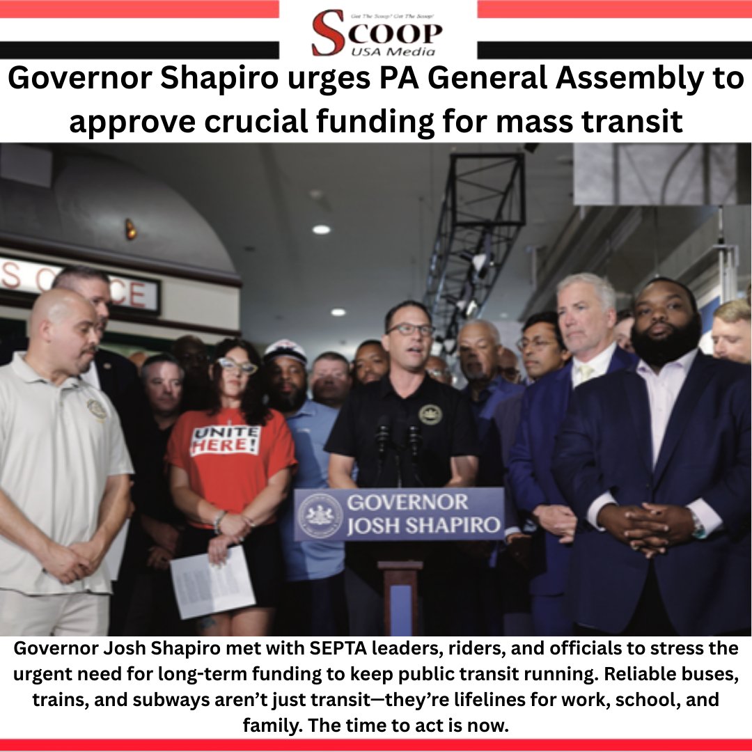 Governor Shapiro urges PA General Assembly to approve crucial funding for mass transit
Read: scoopnewsusa.com/governor-shapi…

#FundSEPTA #PublicTransitMatters #KeepPAMoving #TransitEquity #SEPTA #Philadelphia #PittsburghTransit #JoshShapiro #TransitForAll