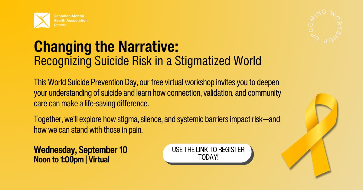 This World Suicide Prevention Day, join CMHA Toronto’s free virtual workshop on Wed, Sept 10 to explore how stigma, silence, and systemic barriers impact risk—and how connection, validation &amp; community care can save lives.

ow.ly/nMzG50WHLTK