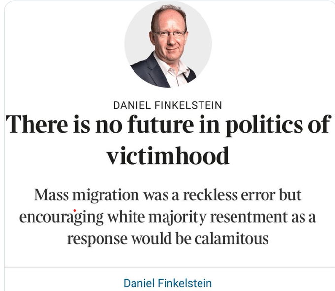 Finkestein is Jewish.  

He has repeatedly cited Jewish opression and the Holocaust as the reason why Jews need a "safe space" in Israel (he is a Zionist).

Yet, while LARPing as an Englishman, he tells the English that we should not engage in the politics of victimhood. 😐