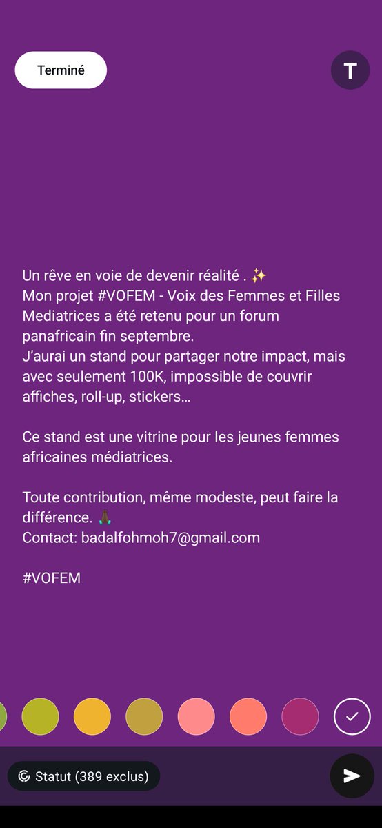 Badal Fohmoh 🇨🇲 (@badalfohmoh7) on Twitter photo 🎉 #VOFEM est sélectionné !
Notre stand = vitrine des jeunes femmes médiatrices africaines. Vous avez suivi le projet ici sur <a href="/ClassPro_237/">Class Pro 🇨🇲</a>.
Soutenez-nous !🙏🏿
Chaque contribution, même modeste, fait la différence.
📧 badalfohmoh7@gmail.com 🎉 #VOFEM est sélectionné !
Notre stand = vitrine des jeunes femmes médiatrices africaines. Vous avez suivi le projet ici sur <a href="/ClassPro_237/">Class Pro 🇨🇲</a>.
Soutenez-nous !🙏🏿
Chaque contribution, même modeste, fait la différence.
📧 badalfohmoh7@gmail.com