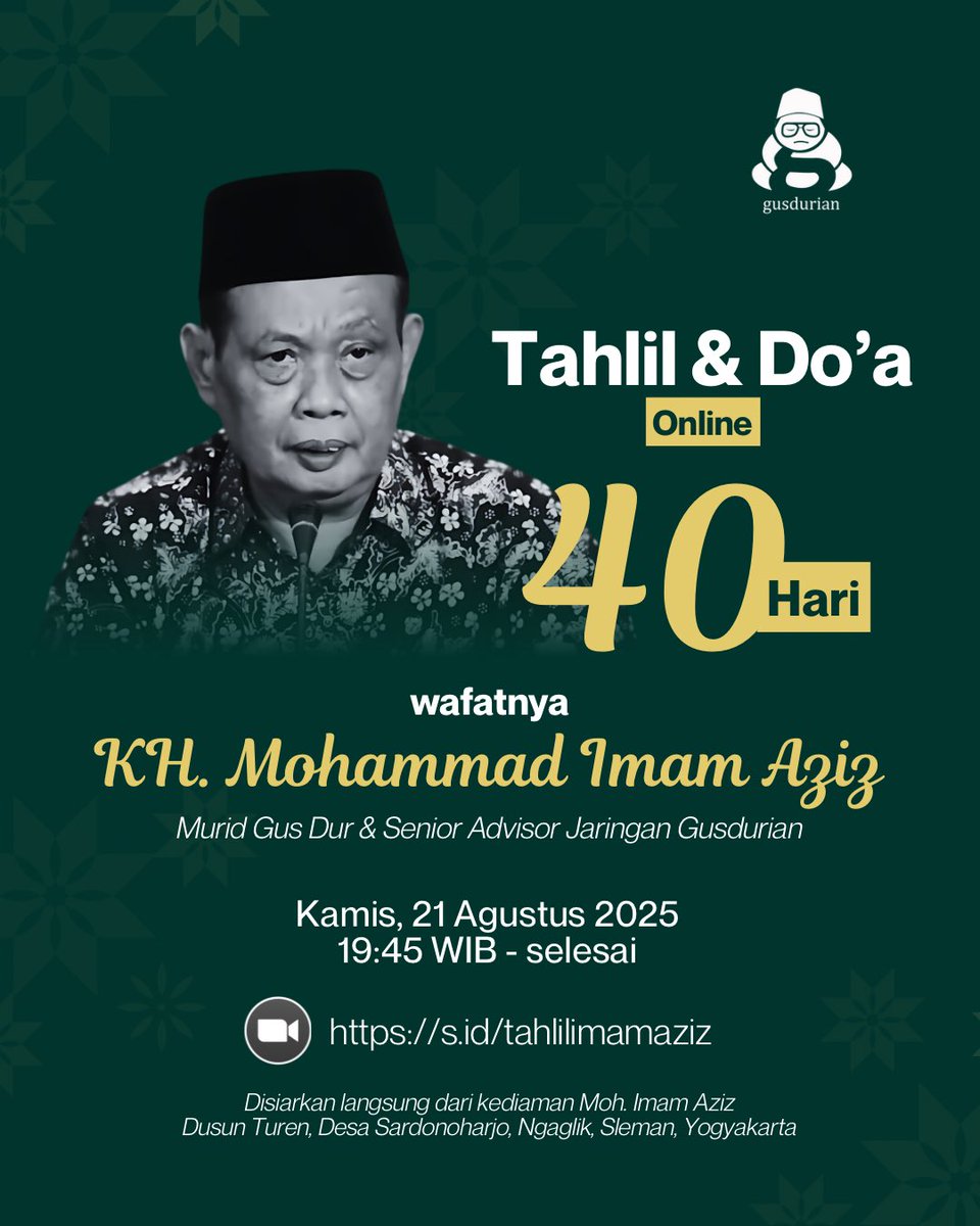 Tahlil dan Doa Mengenang 40 Hari wafatnya KH. M. Imam Aziz.

Disiarkan langsung dari kediaman Moh. Imam Aziz dan dapat diikuti secara online melalui zoom meeting di link berikut

s.id/tahlilimamaziz