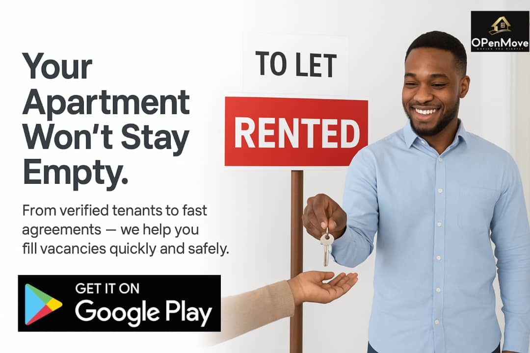 OpenmoveNaija's tweet photo. Say goodbye to empty apartments! 🎉 With OpenMove, your property gets matched with verified tenants fast and stress-free. 🏡✨

#OpenMove #PropertyMadeEasy #LandlordsNaija #RealEstateNigeria #RentMadeSimple #VerifiedTenants #NoMoreVacancies #HouseRentalsNG" https://t.co/uKka3rVAr6