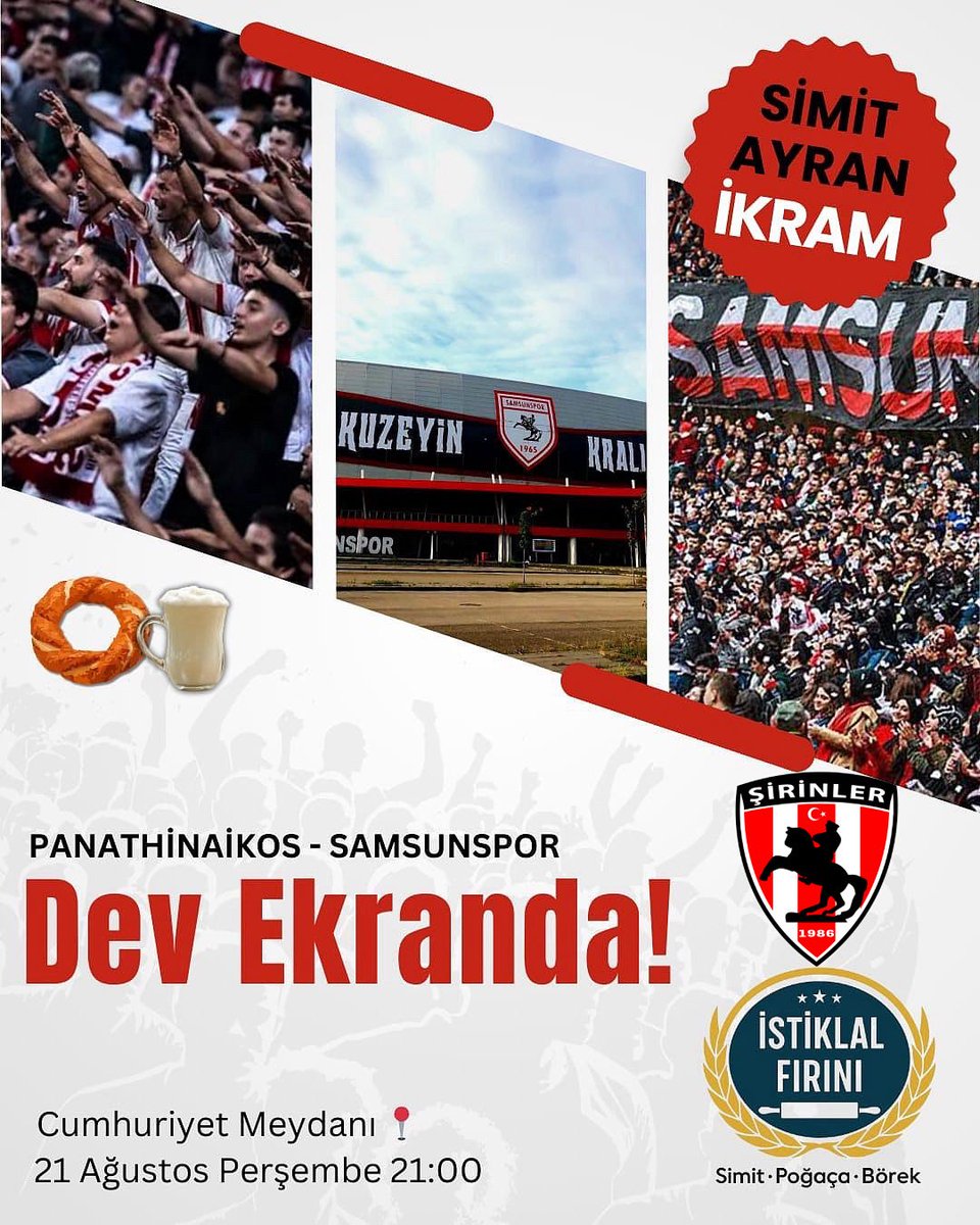 Forza Şirinler ve İstiklal Simit Fırınları ortaklığıyla, maç saatinde Cumhuriyet Meydanı’nda simit ve ayran ikramımız olacaktır.

#Samsunspor #ForzaŞirinler #AvrupaÇoşkusuMeydanlarda