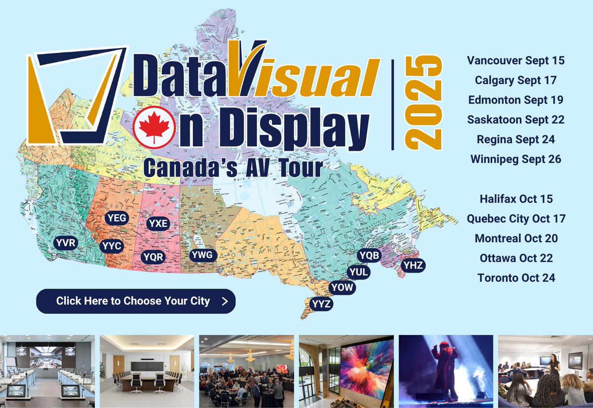 datavisualinc's tweet image. Get ready for the most anticipated Canadian AV tour of the year! DataVisual on Display 2025! 🇨🇦 Register Now 👉 bit.ly/4lJ5SeE Join us as we showcase the newest in AV, Entertainment, and Technology solutions from 40+ leading manufacturers.
#DVOD2025 #AVTour #DataVisual