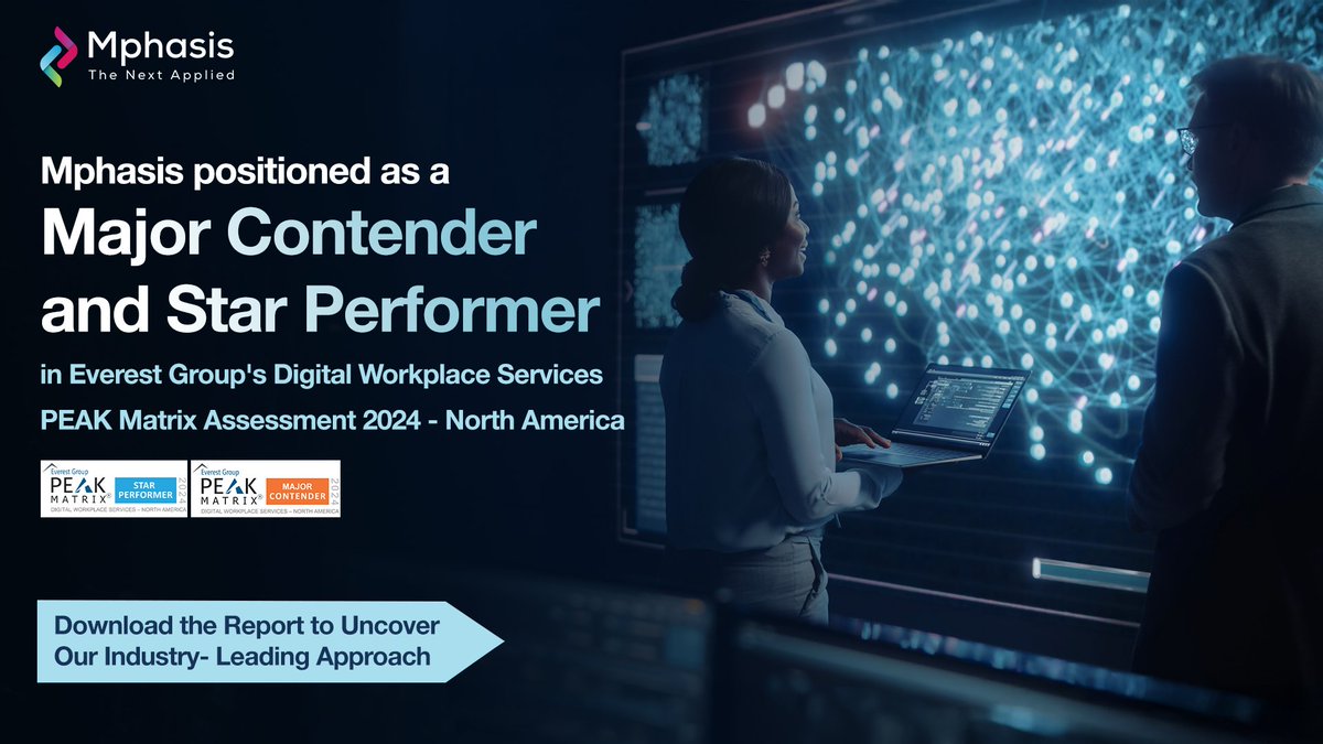 Mphasis's tweet photo. We're proud to announce that Mphasis has been recognized as a Major Contender and a Star Performer in the Everest Group Digital Workplace Services PEAK Matrix® Assessment 2024 – North America. Download the report to discover how our employee-centric approach is driving workplace transformation for the insurance industry. https://t.co/CcDAORwbQv

#DigitalWorkplaceServices #StayAhead #EngineeringIsInOurDNA