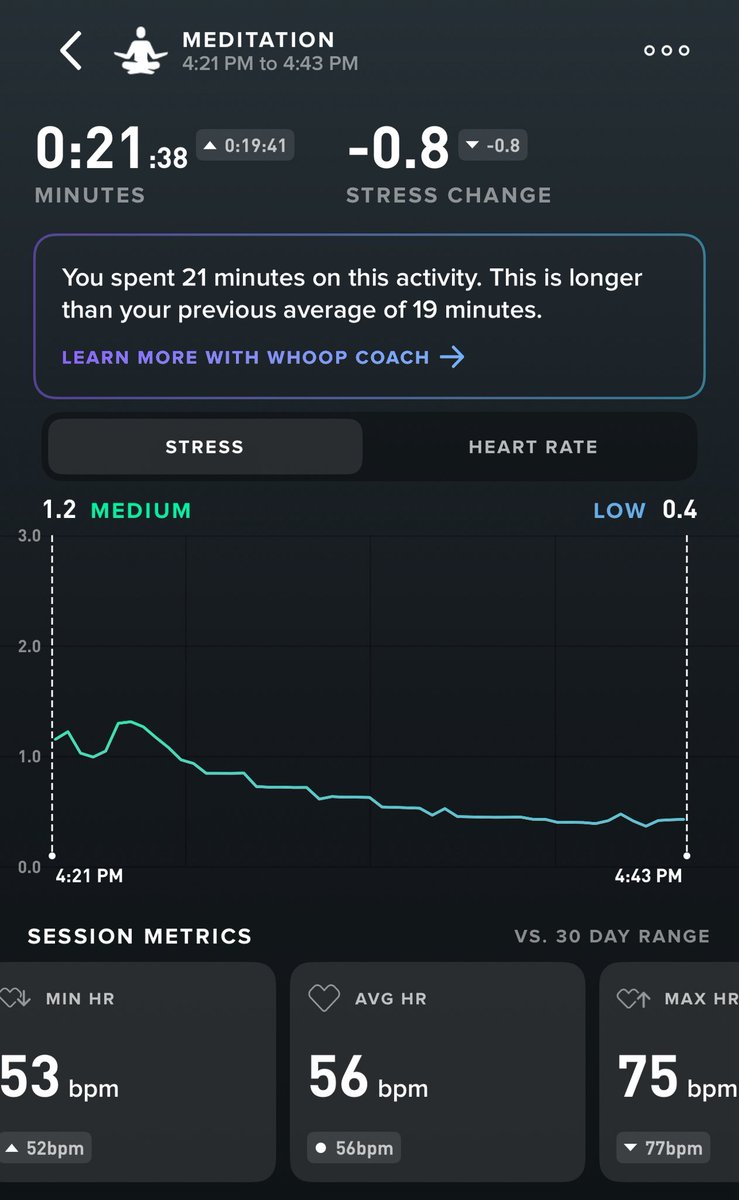 trahanAD's tweet photo. Recovery is a performance-enhancing activity.

Hustle culture says the answer is to grind harder, do more, and keep pushing. While hard work is a requirement to achieve, it’s not the entire story.

An often under-appreciated element to sustained high performance is strategic recovery.

That’s the big idea behind the book Peak Performance by Brad Stulberg & Steve Magness:

Elite performers (in both sports & business) don’t just work & train hard... they rest & recover with equal intention.

Stress + Rest = Growth

I’ve been putting this concept into practice by enhancing my own recovery protocol through learning & incorporating transcendental meditation (TM).

It’s been a game changer!

Just look at the proof.

The WHOOP data from my meditation sessions show real, measurable drops in stress and improved heart rate recovery after both morning and afternoon meditations.

Recovery isn’t “self-care.” It’s a strategic performance-enhancing activity.

To elevate your performance, decision-making, and leadership capacity, recovery deserves the same level of focus you give to execution & strategy.

Your next level may not come from doing more, it might come from recovering better.

#executive #business #coaching #performance #mindset