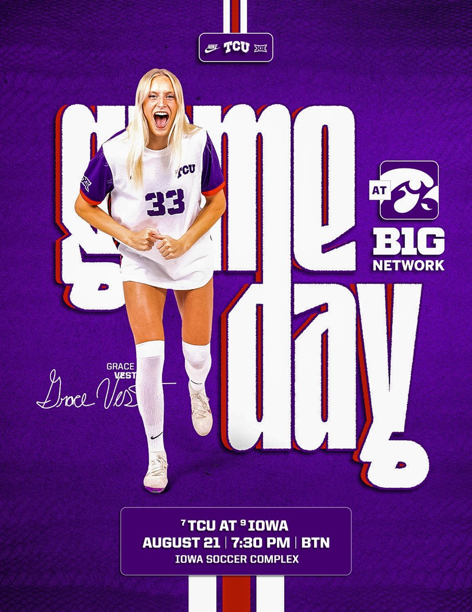 A top-10 battle awaits us ‼️

🆚 No. 9 Iowa 
⌚️ 7:30 p.m.
📺 Big Ten Network
🔗 linktr.ee/tcusoccer