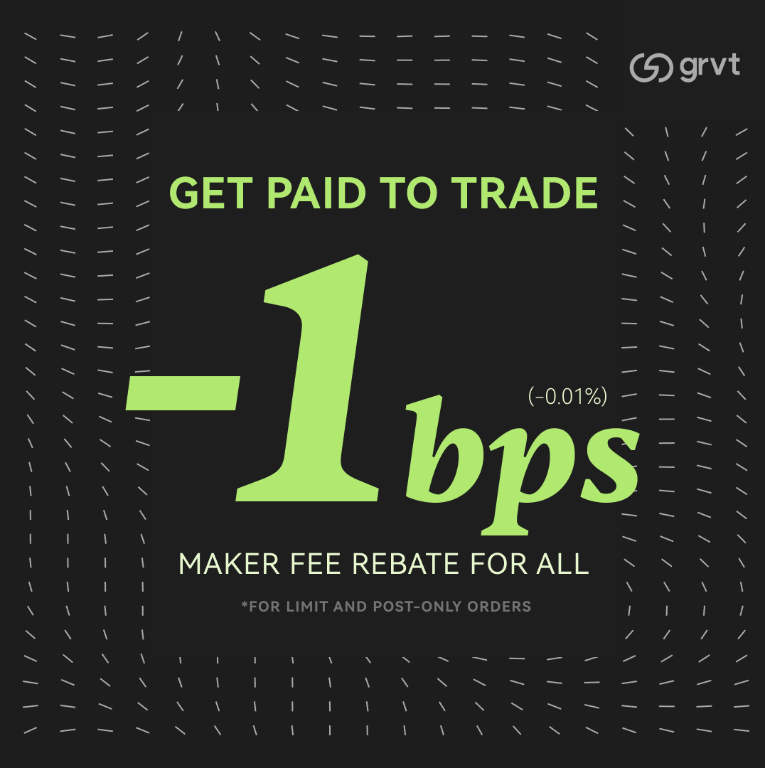 Still paying fees to trade limit orders?

Now at Grvt, everyone RECEIVES fees to trade: -1bps (-0.01%) maker fee rebate on every limit and post-only order.

What was once institutional and whale privilege is now an open standard ↴