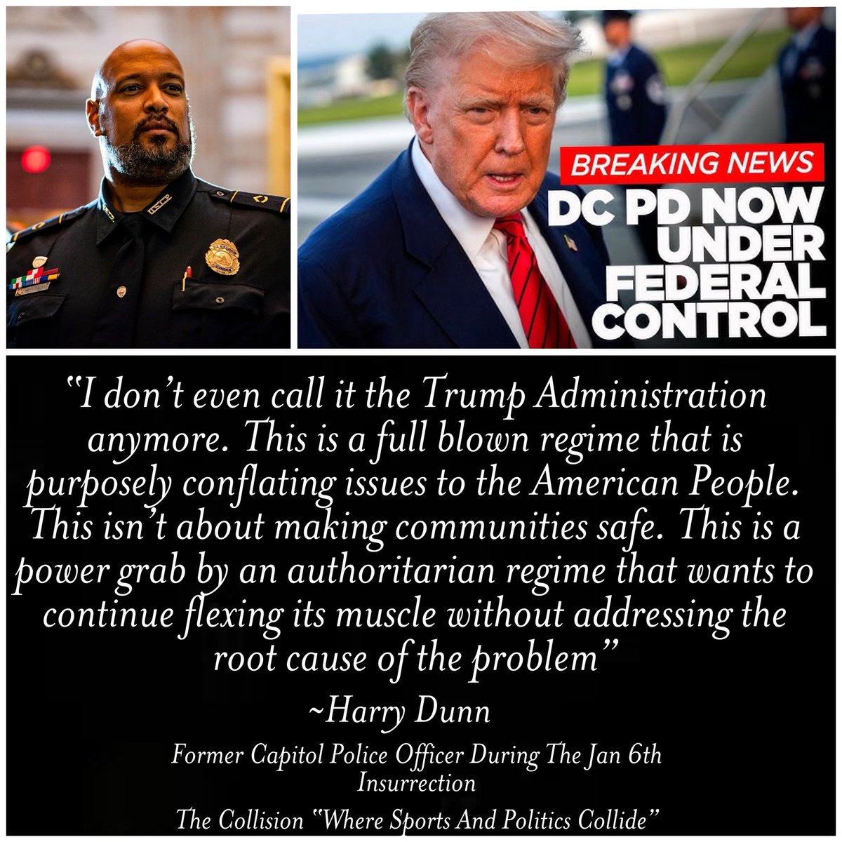 etanthomas36's tweet photo. Powerful discussion with former Capitol Police Officer during the Jan 6th Insurrection Harry Dunn. He was brutally honest about 
#Trump #DCTakeover #TrumpRegime 
#MAGA #Policing #NationalGuard and more. Link to full discussion below 
https://t.co/eJVh3PsnFH https://t.co/JsqJ71TH6a