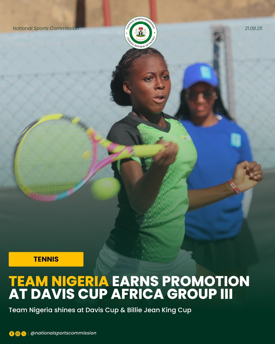 NatSportsComm's tweet image. 🎾🇳🇬 𝙏𝙀𝘼𝙈 𝙉𝙄𝙂𝙀𝙍𝙄𝘼 𝙎𝙃𝙄𝙉𝙀𝙎 𝙊𝙉 𝘾𝙊𝙉𝙏𝙄𝙉𝙀𝙉𝙏𝘼𝙇 𝙎𝙏𝘼𝙂𝙀

The National Sports Commission congratulates Team Nigeria on their impressive outings at the Davis Cup and Billie Jean King Cup Africa Group III tournaments.

📍🇿🇼 In Harare, our men’s team,…