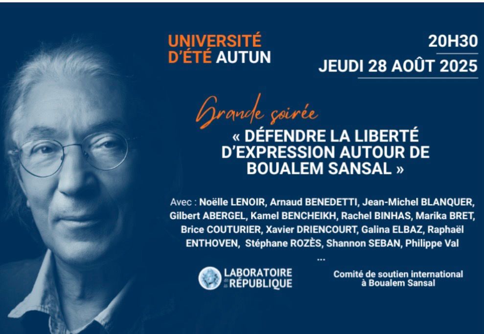 📢 Boualem Sansal est derrière les barreaux.
Son seul “délit” : écrire.

Le 28 août, la #Licra – par la voix de Galina Elbaz – prendra part à la soirée « Défendre la liberté d’expression » organisée durant les universités d’été du <a href="/LabRepublique/">Le Laboratoire de la République</a>.

Galina Elbaz prendra notamment
