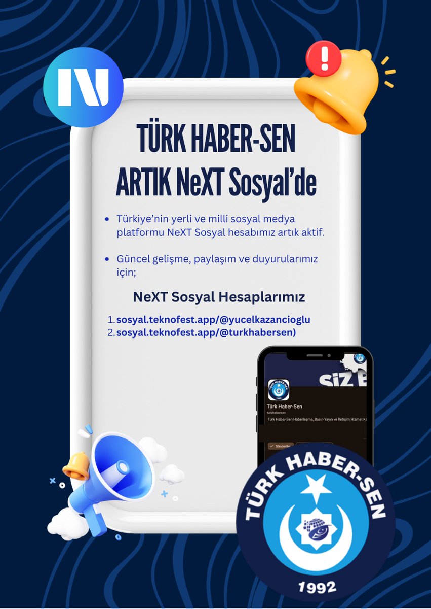🇹🇷 Yerli ve milli sosyal medya platformumuz NeXT Sosyal’de biz de yerimizi aldık!

📌 Güvenli, yenilikçi ve tamamen ülkemize ait bu dijital ortamda; fikirlerimizi, projelerimizi ve sendikal mücadelemizi kararlılıkla sürdüreceğiz.

NextSosyal Hesaplarımız
1.