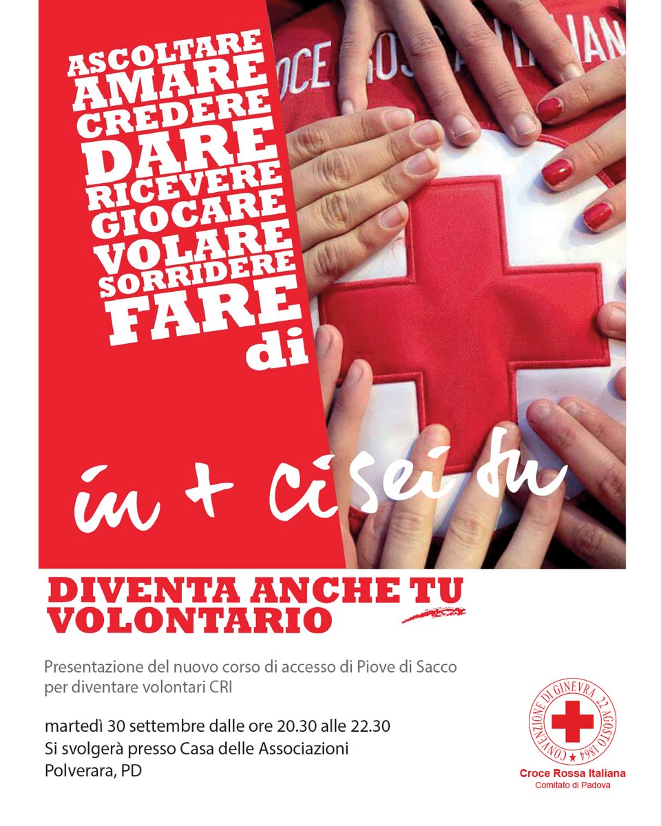 cripadova's tweet photo. 🥁 Lo sai che a Piove di Sacco ci sarà un corso di accesso per diventare volontaria/o della #CroceRossaItaliana?

Scopri di più alla serata di presentazione del corso:
📆 Martedì 30 settembre
📍 Casa delle Associazioni (Polverara)
⏰ Dalle 20.30 alle 22.30

#CriPadova https://t.co/w3q1dz4ZDy