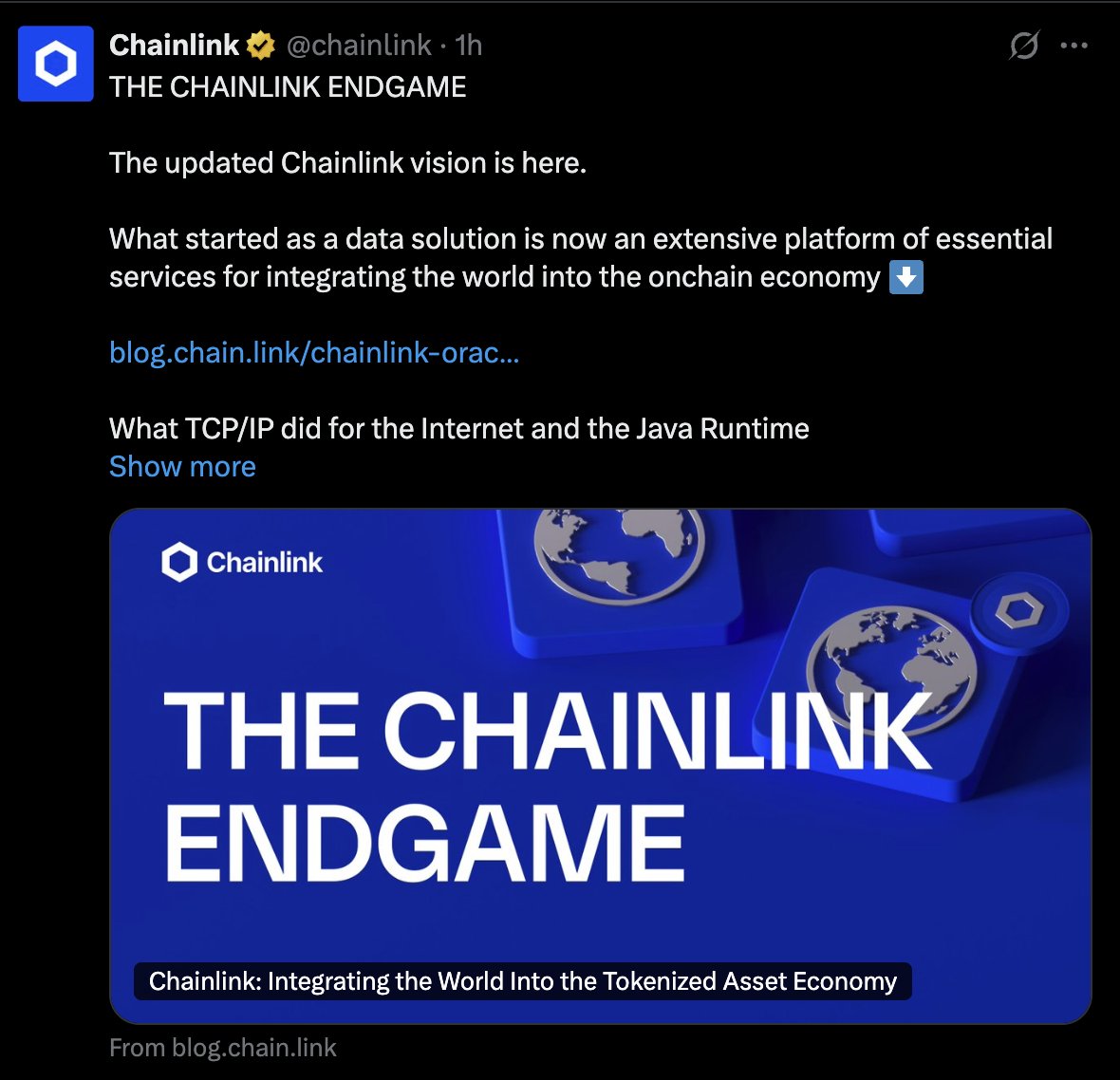 세계가 토큰화된 자산 경제에 통합되는 비전을 보여주는 Chainlink Endgame 발표 그래픽
