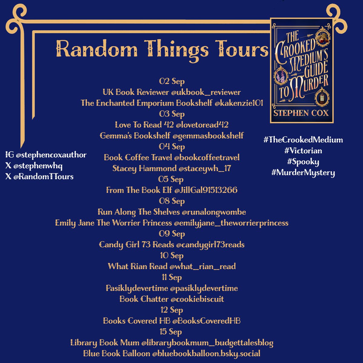 RandomTTours's tweet photo. Delighted to organise this #RandomThingsTour for #TheCrookedMedium by @StephenWhq
Begins 02 September #MurderMystery
@runalongwomble https://t.co/RNLHBQfuHT