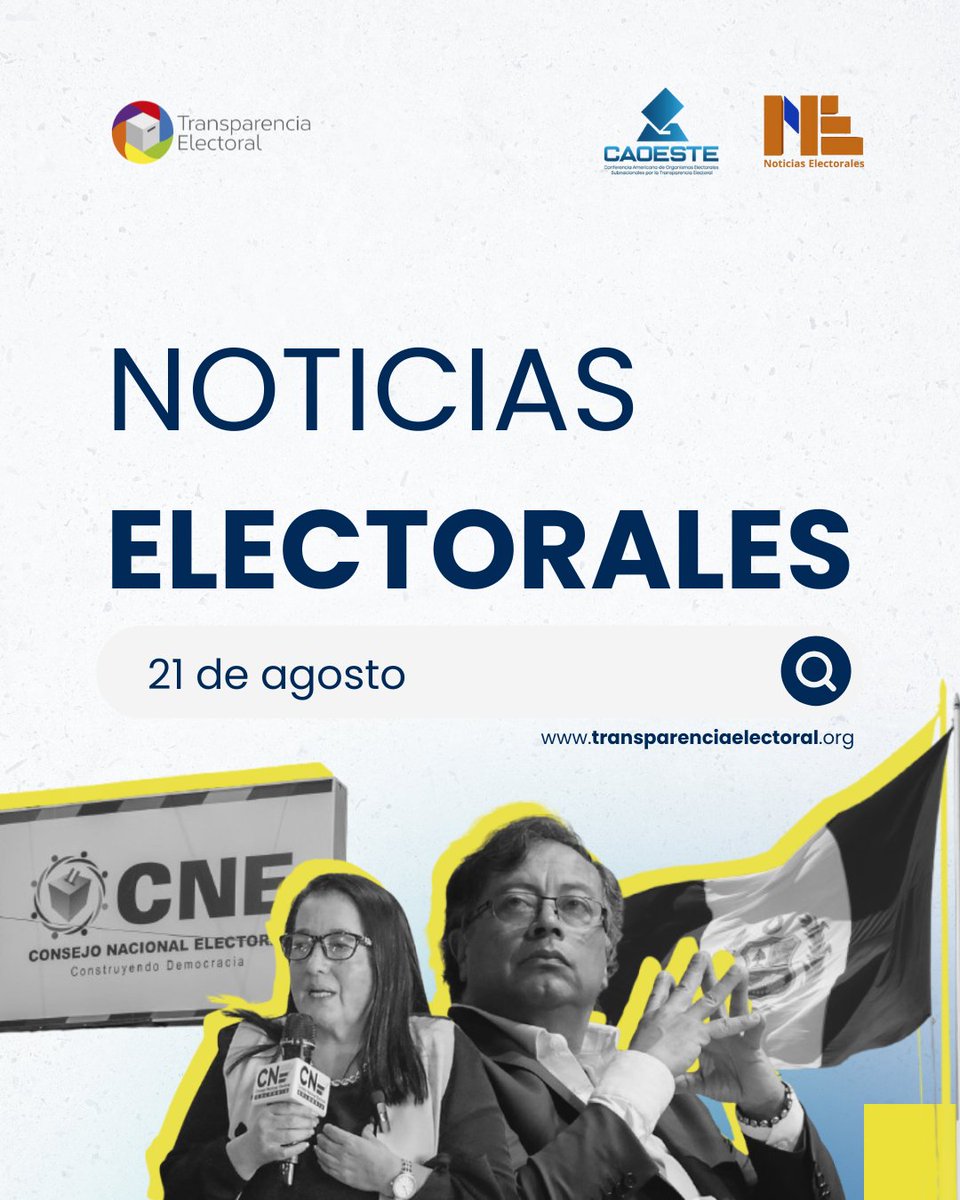 TransparenciaAL's tweet photo. 🗳️🌎 NOTICIAS ELECTORALES | 21 de agosto
  
📰 #TransparenciaElectoral te traelas tres noticias clave del día sobre las elecciones en América latina:

1️⃣ Honduras: denuncian retrasos y uso indebido de recursos estatales.
2️⃣ CNE aparta a magistrada Velásquez del proceso contra la campaña presidencial de 2022 en Colombia.
3️⃣ JNE de Perú rechaza las dos tachas presentadas contra la alianza "Fuerza y Libertad"

🧵Seguí el hilo para conocer más👇
