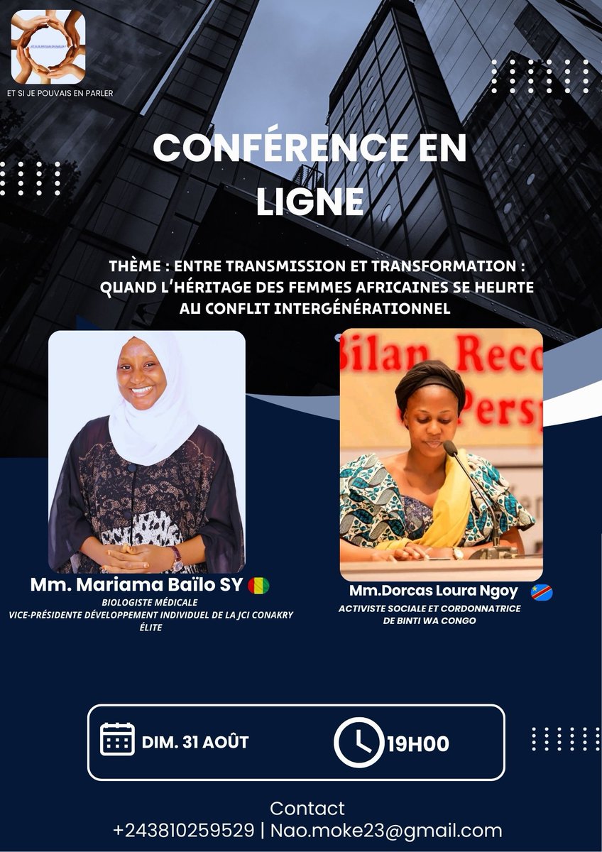 🌍FEMMES AFRICAINES : ENTRE HÉRITAGE &amp; LIBERTÉ
Dim. 31 août /19h(heure locale) Conférence en ligne
Transmission vs Transformation ?
Quand les valeurs des mères rencontrent les rêves des filles
Depuis la RDC🇨🇩 &amp; 🇬🇳 Guinée
📲 Rejoins le groupe WhatsApp 👇🏾
chat.whatsapp.com/L0hiMVfGAnNIiM…