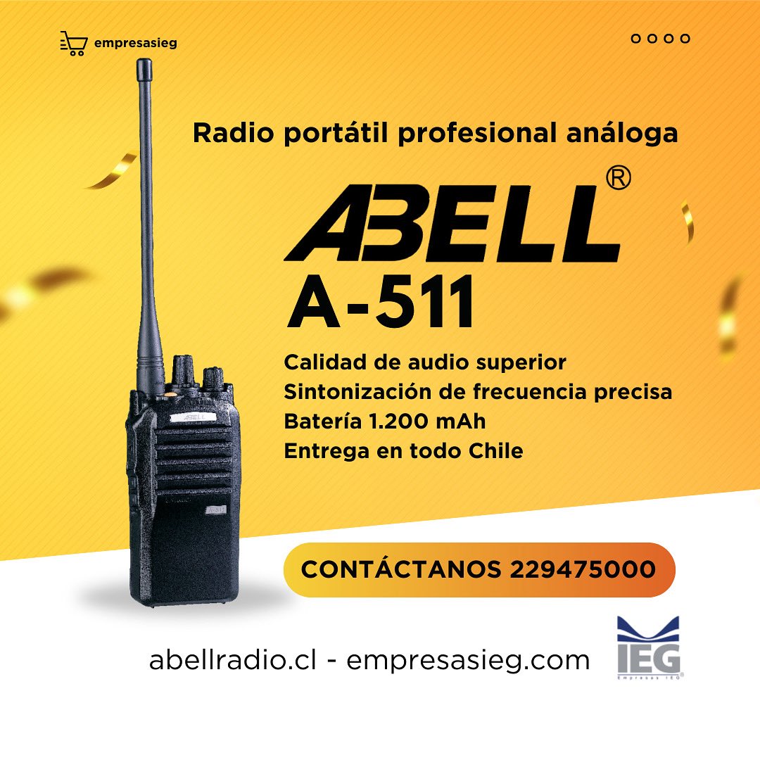 Radio portátil profesional análoga Abell A-511
 
Excelente rendimiento al mejor precio
Diseño especial: robusto, resistente, duradero
💯Radio análoga A-511
📍 Dirección: Villaseca 385, Ñuñoa – Santiago
📞 Fono: 22 947 5000