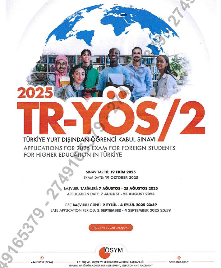 📢 ÖSYM tarafından gerçekleştirilecek olan 2025 Türkiye Yurt Dışından Öğrenci Kabul Sınavı (TR-YÖS/2) 19 Ekim 2025 tarihinde yapılacaktır.

🗓️ Başvuru Başlangıç Tarihi: 7 Ağustos 2025 
🔗Detaylı bilgi için: ww.osym.gov.tr

<a href="/tcmeb/">Millî Eğitim Bakanlığı</a> <a href="/mebabdigm/">T.C. MEB AB ve Dış İlişkiler Genel Müdürlüğü</a> <a href="/mebyyegm/">Yükseköğretim ve Yurt Dışı Eğitim Genel Müdürlüğü</a>