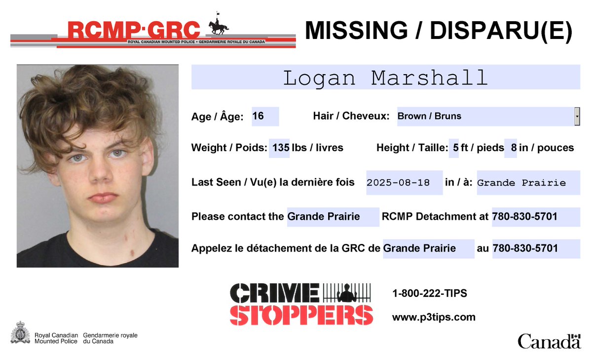 #Disparu: Logan Marshall, 16 ans, #GrandePrairie.