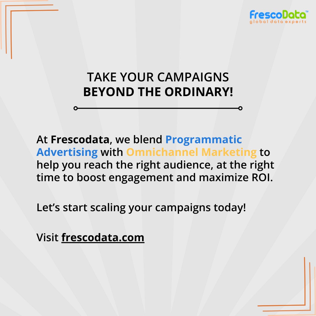 Frescodata.com (@frescodata) on Twitter photo Your audience moves across devices and platforms to make buying decisions. With a strong omnichannel approach powered by programmatic precision, you can follow your customers’ journey and influence their decisions at every step.
For more info, Let's talk- frescodata.com/contact/ Your audience moves across devices and platforms to make buying decisions. With a strong omnichannel approach powered by programmatic precision, you can follow your customers’ journey and influence their decisions at every step.
For more info, Let's talk- frescodata.com/contact/