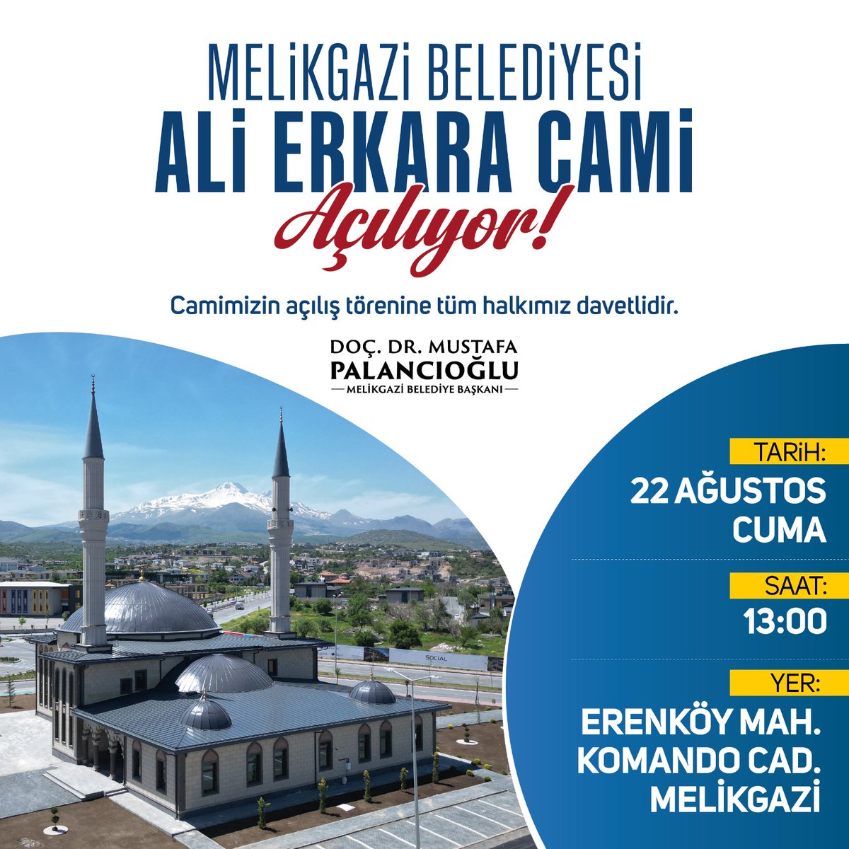🎉 Melikgazi Belediyesi Ali Erkara Cami Açılıyor!🎉

Erenköy Mahallemizde vatandaşlarımıza hizmet sağlayacak, Melikgazi Belediyemiz ve Hayırsever işbirliği ile hayata geçirdiğimiz “Melikgazi Belediyesi Ali Erkara Cami”nin açılış törenine tüm hemşehrilerimiz davetlidir❗

Ayrıca