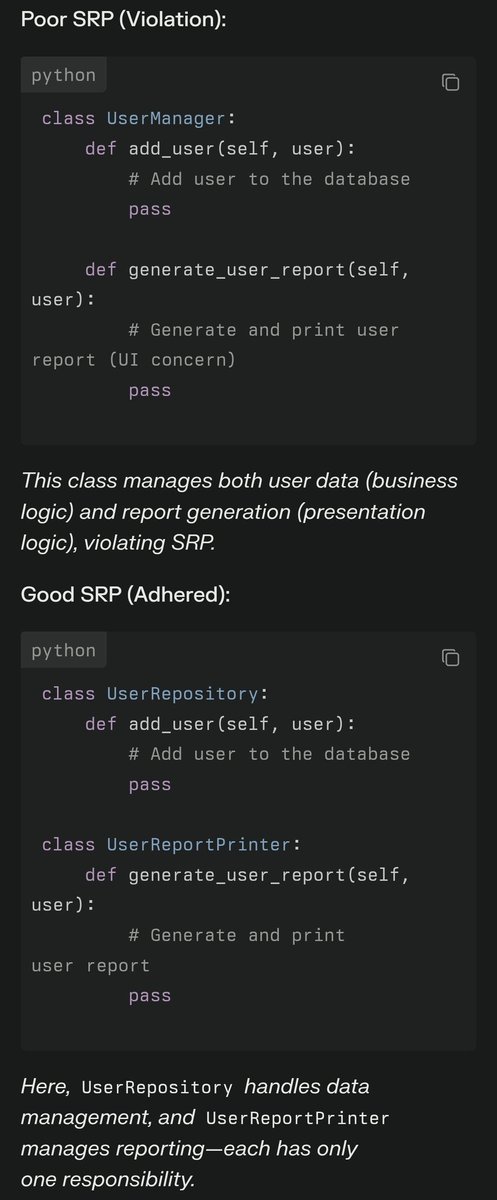 udaykumardhokia's tweet image. #Day2 of Learning Software Engineering Principles.

Principle: SRP (Single Responsibility Principle)

Meaning: A class/module should have only one reason to change - focus on a single responsibility.

Benefits:
1) Easier maintenance
2) Better testability
3) Clearer design