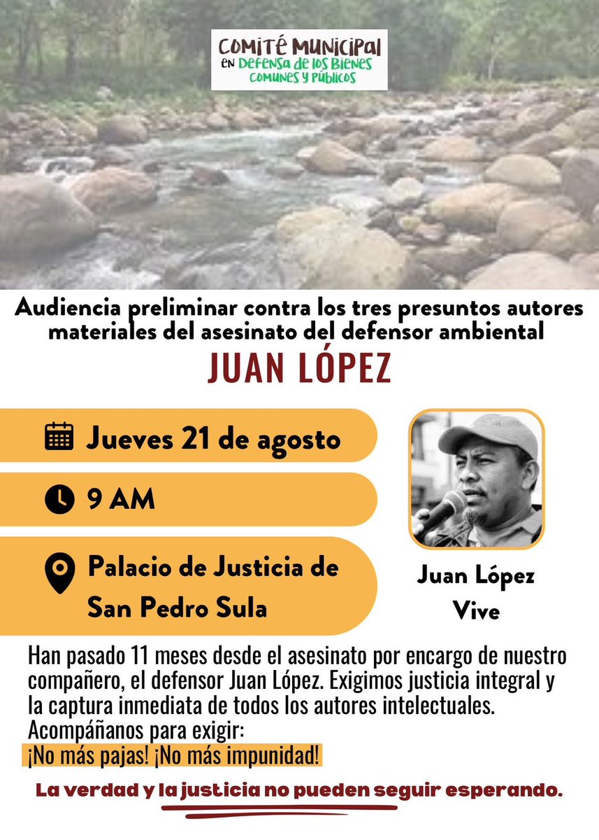 🗣️🗣️ Es HOY Jueves 21 de Agosto 👇
📢📢Audiencia preliminar contra las tres personas acusadas de ser los autores materiales del asesinato de nuestro compañero Juan López
📌Jueves 21 de agosto | 10 AM
📌 Palacio de Justicia de San Pedro Sula.
 #JusticiaParaJuanLopez