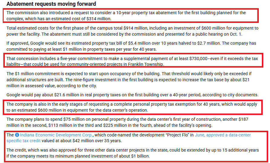 Indy_reporter_'s tweet photo. https://t.co/EEbQWjsiMU

UNBELIEVABLE
Franklin Township Data Center will be moving forward

-10 year property tax abatement

-personal property tax exemption for 40 years, which would apply to an estimated $600 million in equipment for the data center’s operation
Don't forget, they will get a sales exemption on the equipment AND the electricity they use.
 
How are they will "win" over the residents?
-five-year commitment to make a supplemental payment of at least $730,000–even if it exceeds the tax liability—that could be used for community-oriented projects in Franklin Township

-You think your electricity bill is high now? Just wait. It's going to get WAY worse in the coming years.

https://t.co/CNIDdPWs16