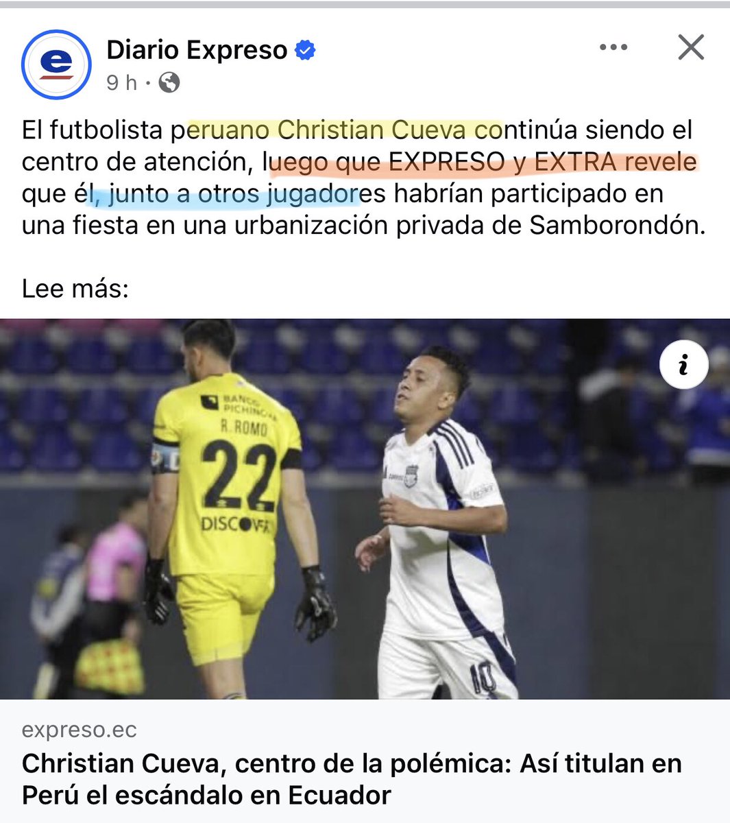 GAZAPO 🔎. Nos envían esta captura de pantalla. Veamos:
🟡 “El futbolista peruano, Christian Cueva, continúa (…)”. 
🔴 “(…) luego de que EXPRESO y EXTRA revelaran que él, (…)”. 
🔵 “(…) que él, junto con otros jugadores, habría participado en una fiesta (…)”. <a href="/Expresoec/">Diario Expreso</a>
