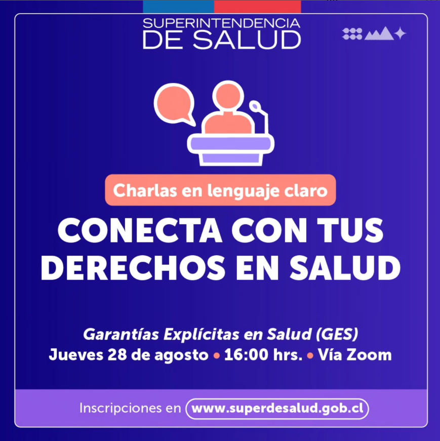 Sé parte de la tercera charla en lenguaje claro: Conecta con tus derechos en salud sobre #GES el próximo jueves 28 de agosto.

Inscríbete en nuestro sitio web: forms.office.com/pages/response…