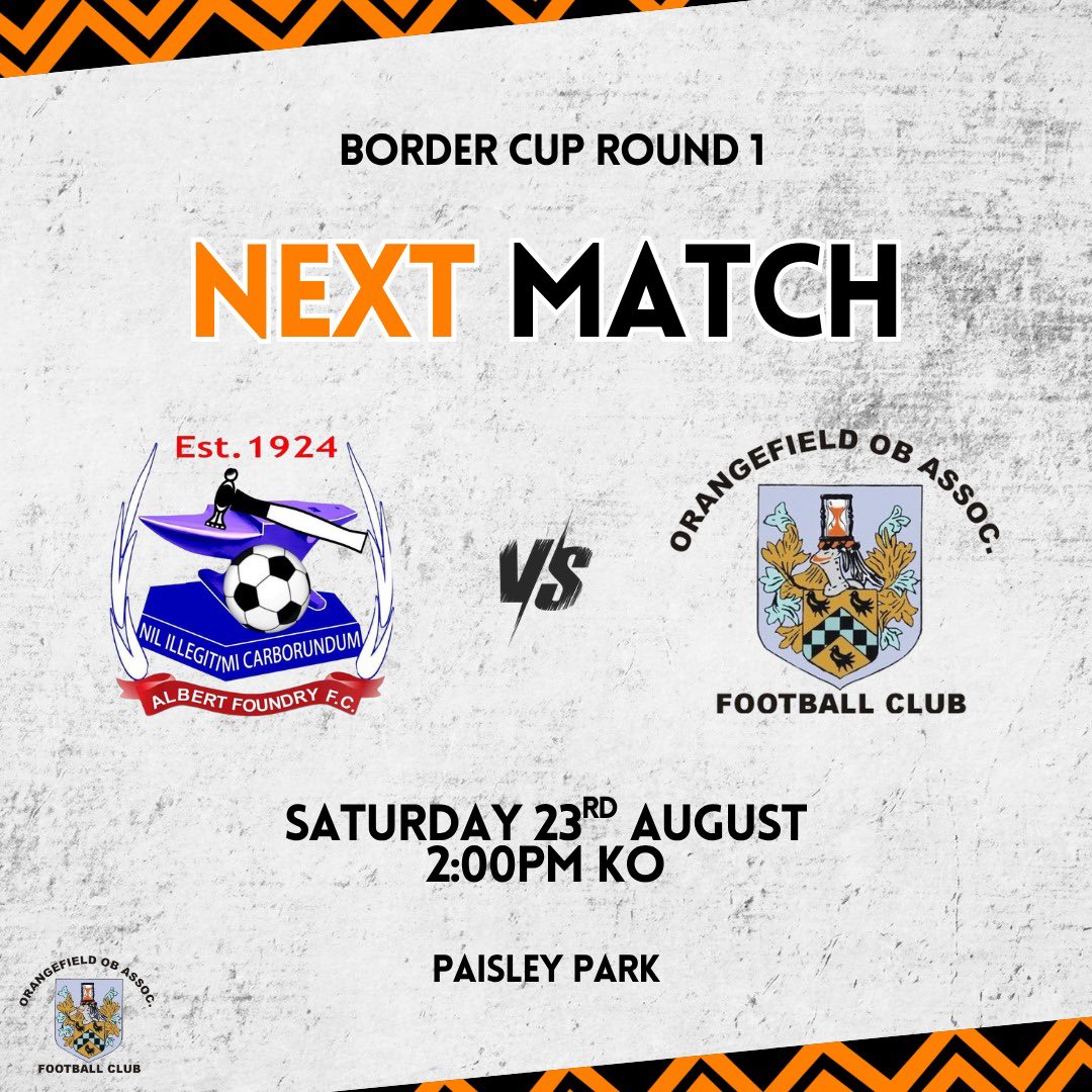 𝐖𝐞𝐞𝐤𝐞𝐧𝐝 𝐅𝐢𝐱𝐭𝐮𝐫𝐞𝐬 🔜

Our First Team are in Border Cup action this weekend as we face a trip to Albert Foundry.

Our Seconds are also in pre-season friendly action as we face Millisle 1sts at Ward Park in Bangor. 2pm KO.

Good luck to both teams - up the O’s! 🍊🧡